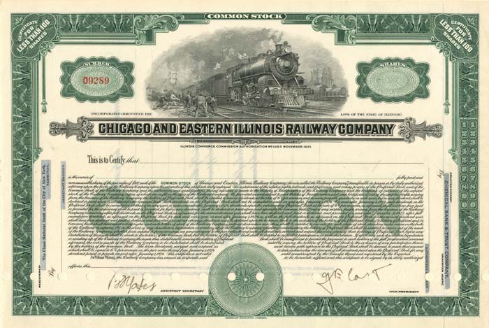 Chicago and Eastern Illinois Railway Co. - Partially Issued Stock Certificate